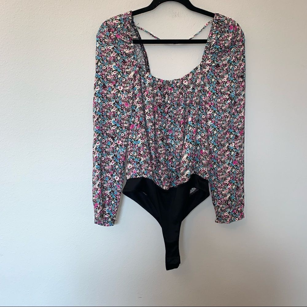 New, AFRM Floral Print Long Sleeve Thong Bodysuit